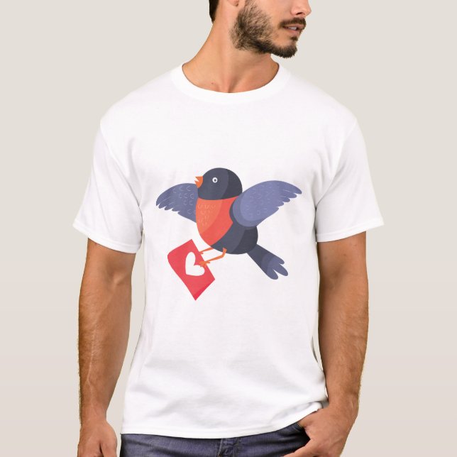 Robin Bird Flying with Red Heart Love Letter T-Shirt (Front)