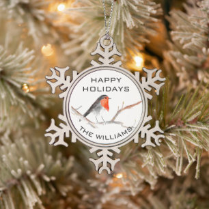 Robin Bird Happy Holidays Festive Winter Cute Snowflake Pewter Christmas Ornament