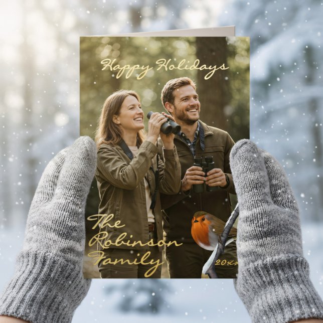 Robin Bird Happy Holidays Photo Foil Carte pliée (Real foil holiday card with space for your photo and greeting)