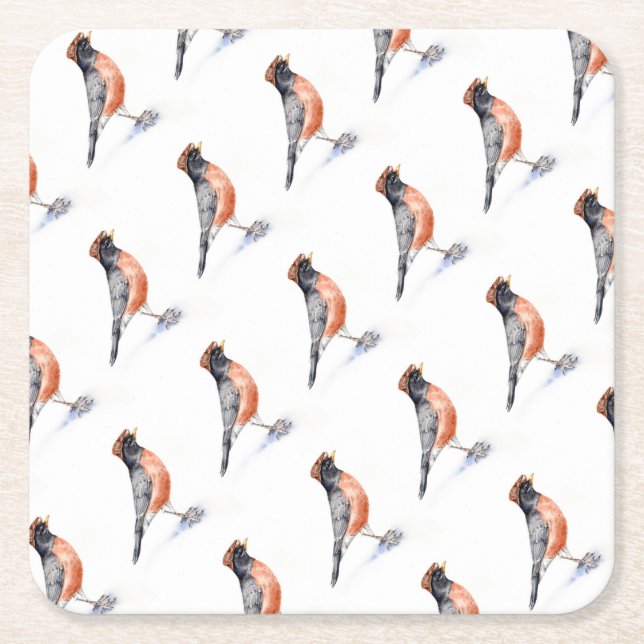 Robin Bird in Hat Square Paper Coaster (Front)