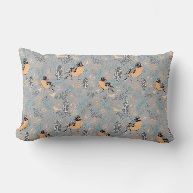 Robin Bird Mama and Baby Summer Brood With Flowers Lumbar Pillow (Front)