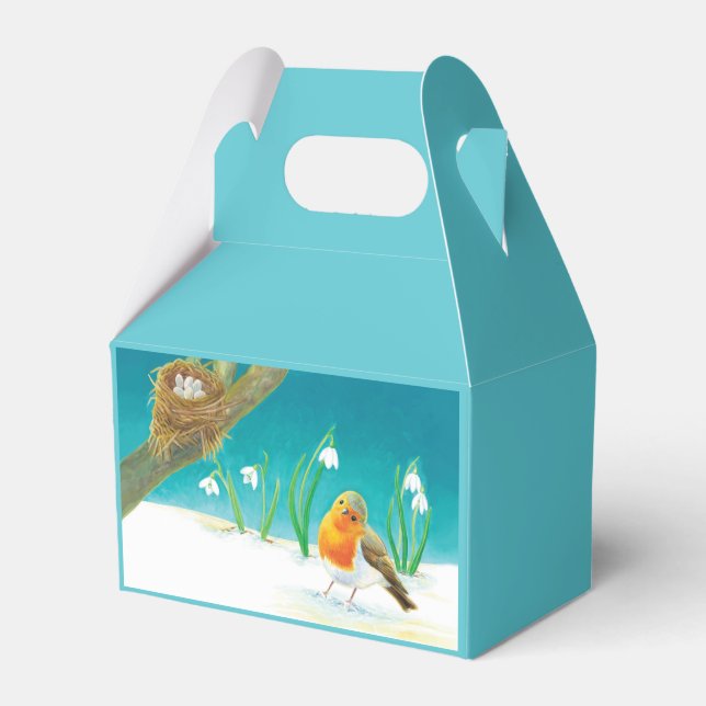 Robin Bird, Nest, Little Eggs & Snowdrops  Favor Box (Front Side)