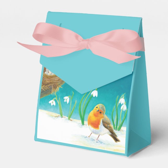 Robin Bird, Nest, Little Eggs & Snowdrops  Favor Box (Front Side)