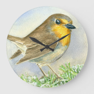 Robin bird on a frosted juniper branch large clock