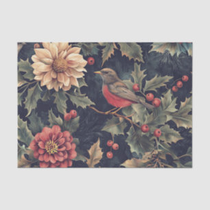 Robin Bird on a Holly Branch with Flowers Tissue Paper