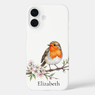 Robin Bird on flower Branch Cute Bird Personalized iPhone 16 Case