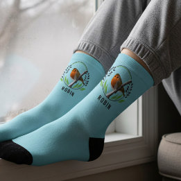 Robin Bird on Winter Branch Blue Christmas Socks