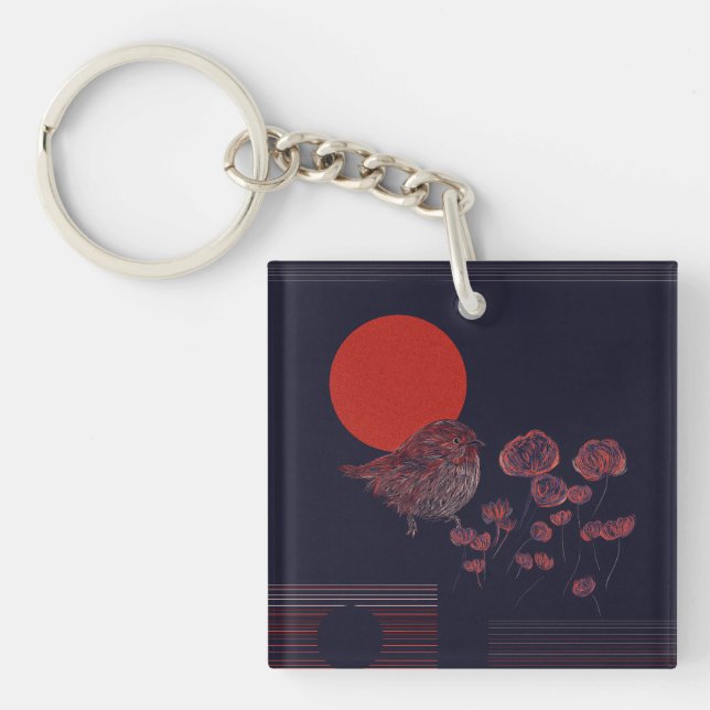 Robin Bird Red Sun Illustration Keychain (Front)
