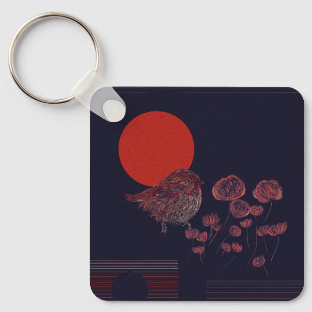Robin Bird Red Sun Illustration Keychain (Front)