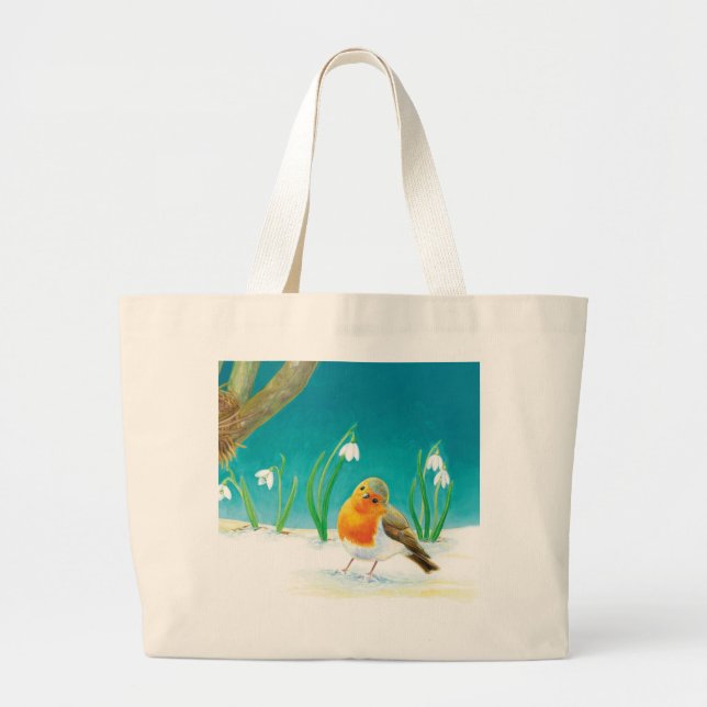 Robin Bird, snow & snowdrops Illustration Large Tote Bag (Front)
