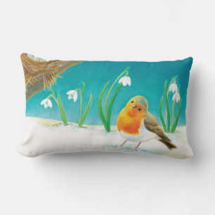 Robin Bird, snow & snowdrops Illustration Lumbar Pillow