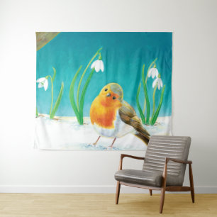 Robin Bird & snowdrops Illustration Tapestry