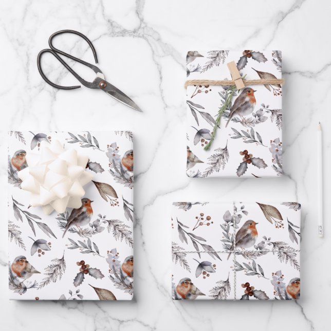 Robin Bird Woodland Greenery Christmas Wrapping Paper Sheet (Front)