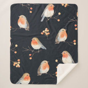 Robin birds and berries rowan on dry branches, sea sherpa blanket