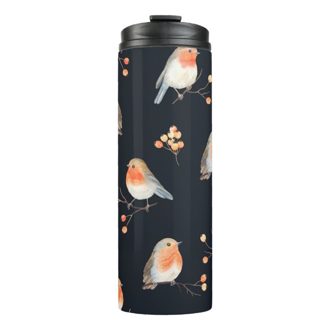Robin birds and berries rowan on dry branches, sea thermal tumbler (Front)
