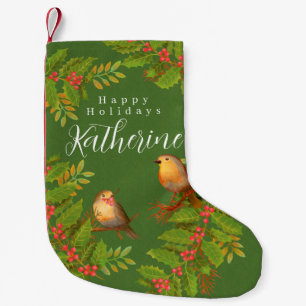 Robin Birds Holly Berry Green Small Christmas Stocking