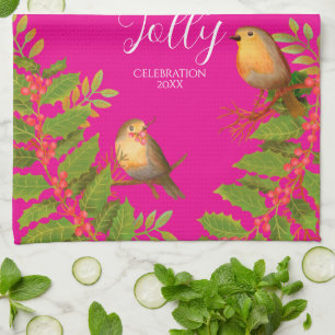 Robin Birds Holly Berry Hot Pink Kitchen Towel