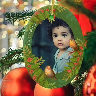 Robin Birds Holly Berry Photo Green Ceramic Ornament