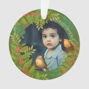 Robin Birds Holly Berry Photo Green Ornament