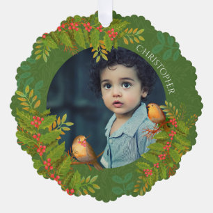 Robin Birds Holly Berry Photo Green Ornament Card