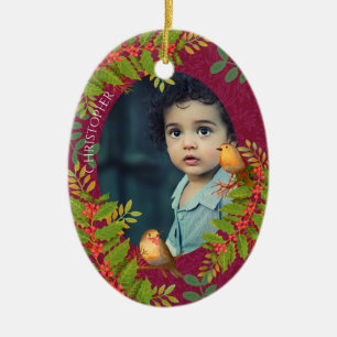 Robin Birds Holly Berry Photo Wine Ceramic Ornament