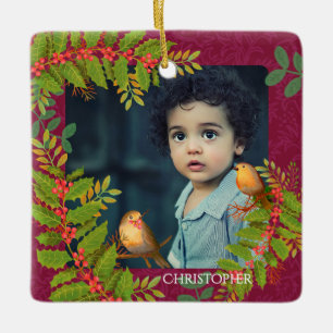 Robin Birds Holly Berry Photo Wine Ceramic Ornament