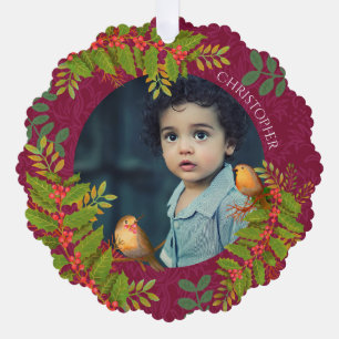 Robin Birds Holly Berry Photo Wine Ornament Card