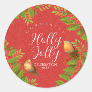 Robin Birds Holly Berry Red Classic Round Sticker