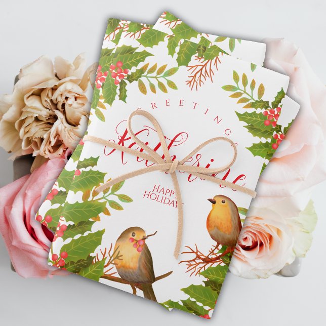 Robin Birds Holly Berry White Wrapping Paper Sheet (Lovely Robin Birds Holly Berry Design.)