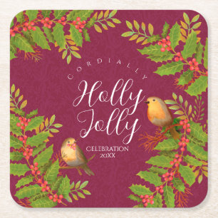 Robin Birds Holly Berry Wine Square Paper Coaster