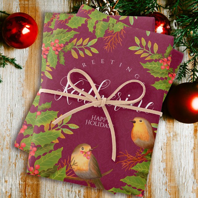 Robin Birds Holly Berry Wine Wrapping Paper Sheet (Robin Birds Holly Berry Design.)