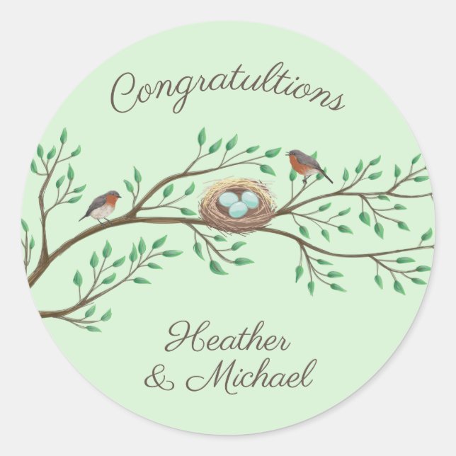 Robin Birds Nest Eggs Spring Baby Shower Classic Round Sticker (Front)