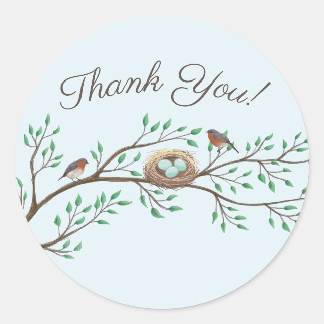 Robin Birds Nest Eggs Spring Baby Shower Classic Round Sticker (Front)