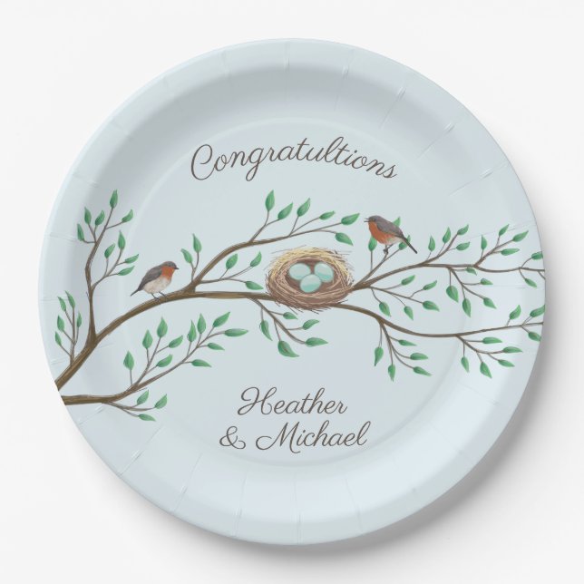 Robin Birds Nest Eggs Spring Baby Shower Paper Plate (Front)