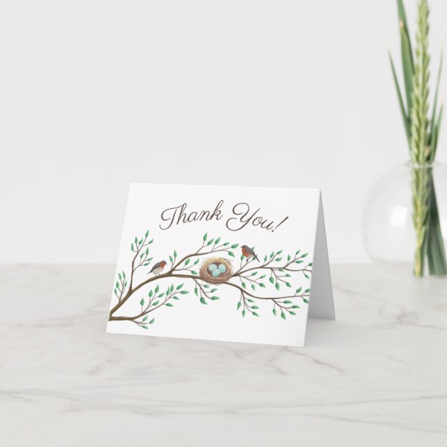 Robin Birds Nest Eggs Spring Baby Shower Thank You Card (Front)