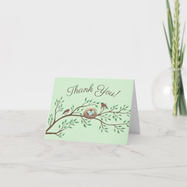 Robin Birds Nest Eggs Spring Baby Shower Thank You Card (Front)