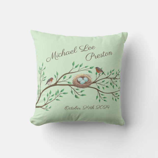 Robin Birds Nest Eggs Spring Baby Shower Throw Pillow (Front)