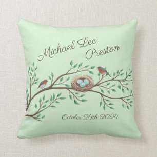 Robin Birds Nest Eggs Spring Baby Shower Throw Pillow