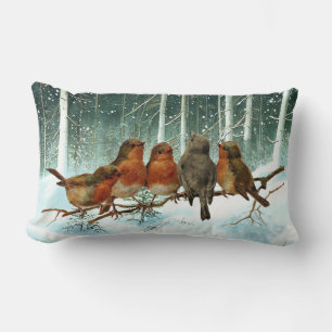Robin Birds on Branch Snow Forest Winter Christmas Lumbar Pillow
