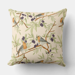 Robin birds on olive branch throw pillow