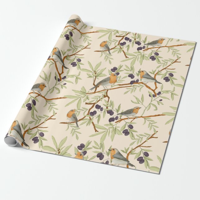 Robin birds on olive branches wrapping paper (Unrolled)