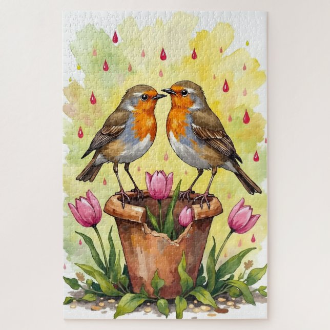 Robin Birds Spring Love Watercolor Art Jigsaw Puzzle (Vertical)
