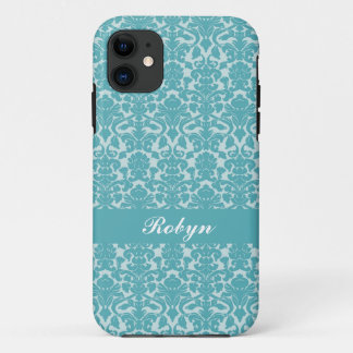 Robin blue damask pattern custom name personal iPhone 11 case