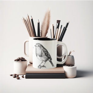 Robin christmas cheer black and white Two-Tone coffee mug