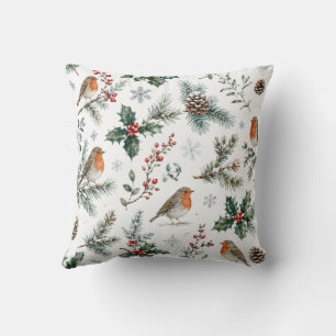 Robin Christmas Winter Holly Pine Cone Botanical Throw Pillow