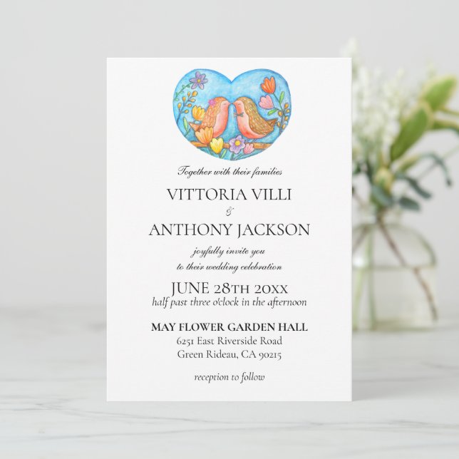 Robin Couple Cute Birds Easy DIY Garden Wedding Invitation (Standing Front)