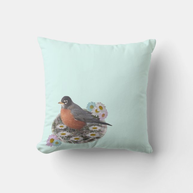 Robin Daisy Fairy Ring Throw Pillow (Front)