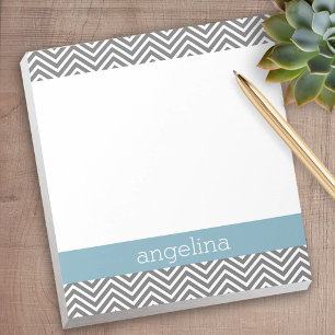 Robin Egg Blue and Grey Chevrons Custom Name Notepad