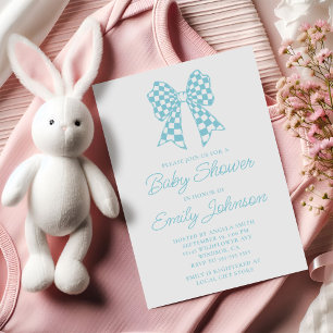 Robin Egg Blue and White Chequered Bow Baby Shower Invitation