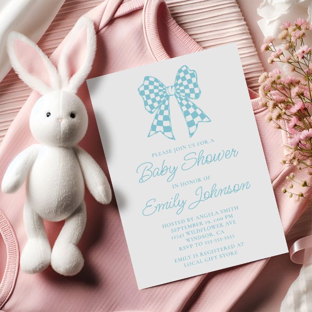 Robin Egg Blue and White Chequered Bow Baby Shower Invitation (Robin Egg Blue and White Checker Bow Baby Shower Invitation)